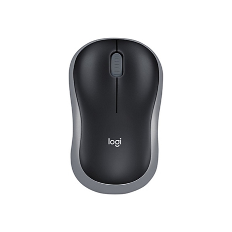 Drahtlose Maus, grau-schwarz, mit Logo von Logi.