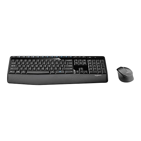 Schwarzes kabelloses Tastatur- und Maus-Set von Logitech mit strukturierter Handballenauflage vor weißem Hintergrund.