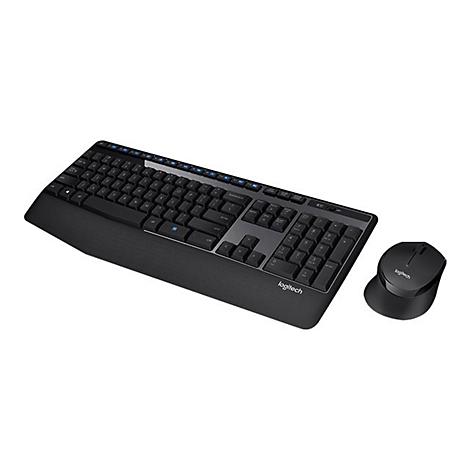 Schwarzes Logitech-Tastatur- und Maus-Set vor weißem Hintergrund.
