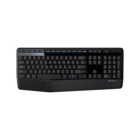 Schwarze Logitech Tastatur mit integrierter Handballenauflage vor weißem Hintergrund.