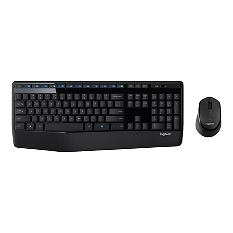 Schwarzes kabelloses Logitech Tastatur- und Maus-Set vor weißem Hintergrund.