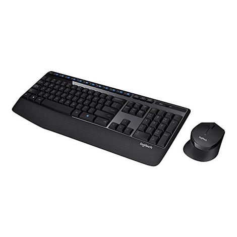 Schwarzes Logitech-Tastatur- und Maus-Set, Blickwinkel von oben. Tastatur mit Handauflage, Maus daneben.