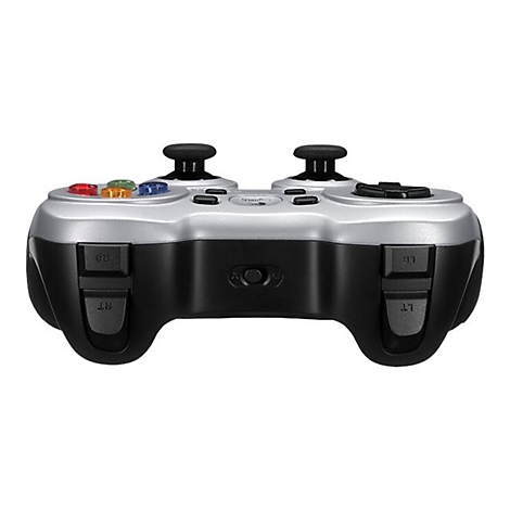 Ein grauer und schwarzer Logitech-Gamecontroller, Tasten mit Farbmarkierungen, zwei Joysticks.