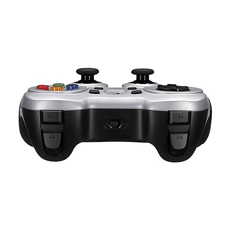Ein Gaming-Controller in Schwarz und Silber. Er hat zwei Joysticks, farbige Knöpfe, Schultertasten und ein Logo.