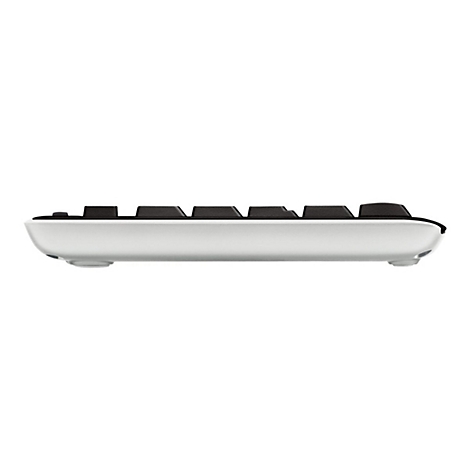 Seitenansicht einer flachen, silbernen Tastatur mit schwarzen Tasten vor weißem Hintergrund.