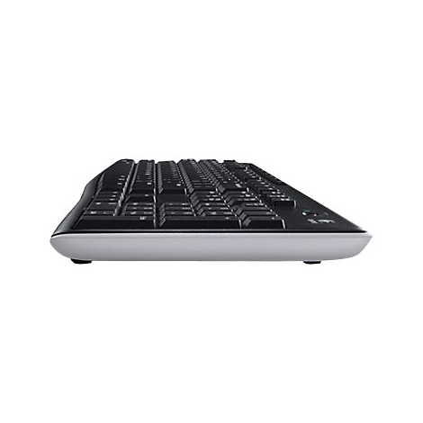 Seitliche Ansicht einer schwarzen Tastatur mit silbernem Gehäuseboden auf weißem Hintergrund.
