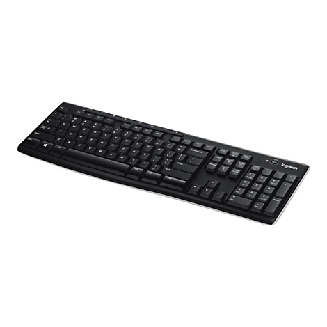 Schwarze Logitech Computertastatur in der Draufsicht auf weißem Hintergrund.