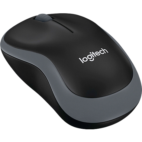 Wireless computer mouse in black and grey. Brand: Logitech.