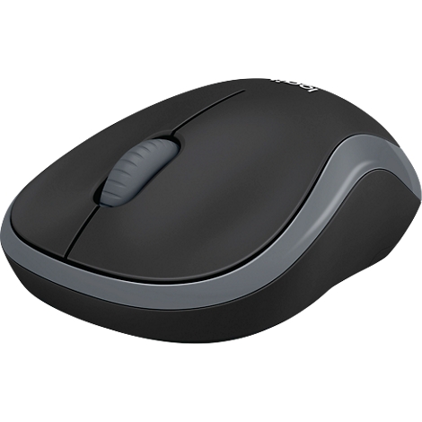 Wireless mouse, black with gray edging and scroll wheel.