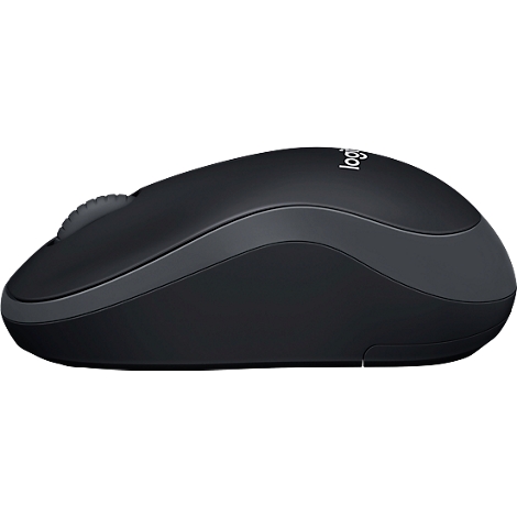 Black wireless computer mouse. The Logitech logo is visible on the top right.