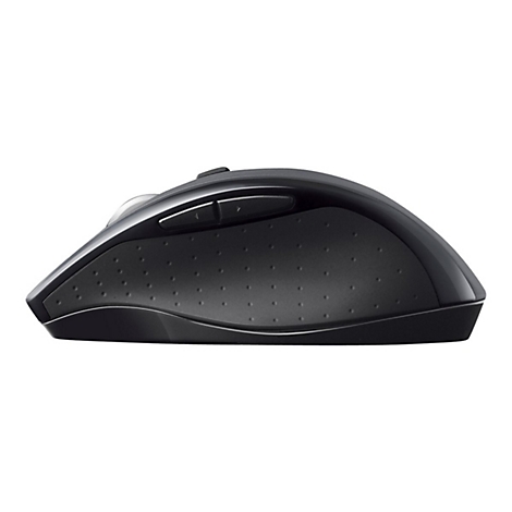 Schwarze Computermaus, Seitenansicht. Zwei Tasten, gepunktete Oberfläche, Rollrad.