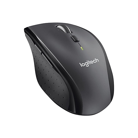 Drahtlose Logitech-Maus, anthrazitgrau, mit Logo und Rollrad.