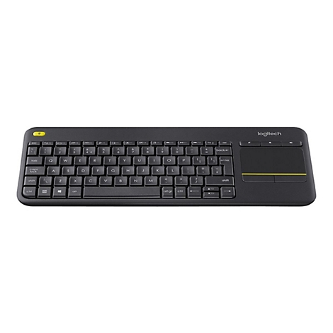 Schwarze kabellose Logitech-Tastatur mit integriertem Touchpad auf der rechten Seite.