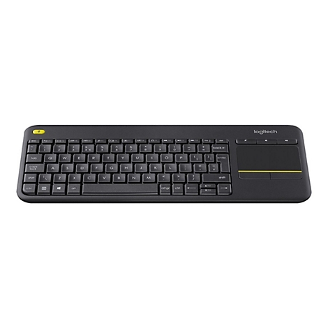 Schwarze Logitech Wireless Tastatur mit integriertem Touchpad und gelbem Akzentknopf.