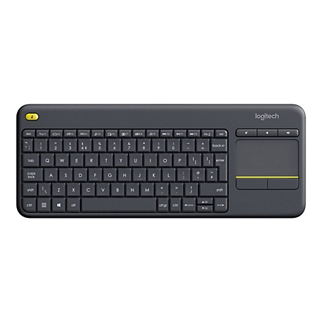 Drahtlose Logitech-Tastatur in Dunkelgrau mit gelben Akzenten und integriertem Touchpad auf weißem Hintergrund.