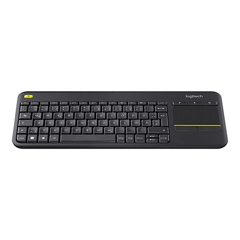 Schwarze Logitech-Tastatur mit gelben Akzenten und Touchpad. Aufschrift: Logitech.