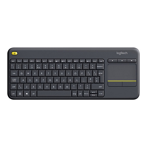 Schwarze kabellose Logitech Tastatur mit integriertem Touchpad und gelber Maustaste oben links.