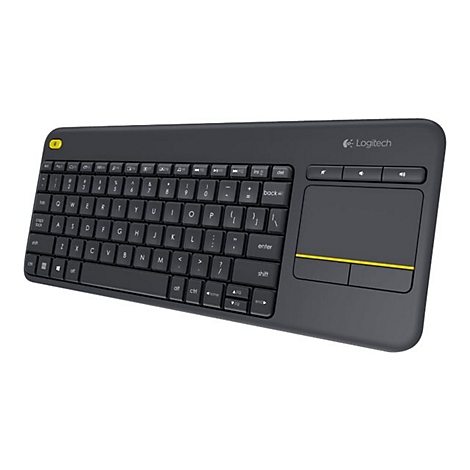 Schwarze Logitech-Tastatur mit integriertem Touchpad und gelbem Akzent unter den Maustasten auf weißem Hintergrund.