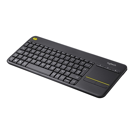 Drahtlose schwarze Logitech-Tastatur mit Touchpad, gelben Akzenten und weißen Tasten vor weißem Hintergrund.