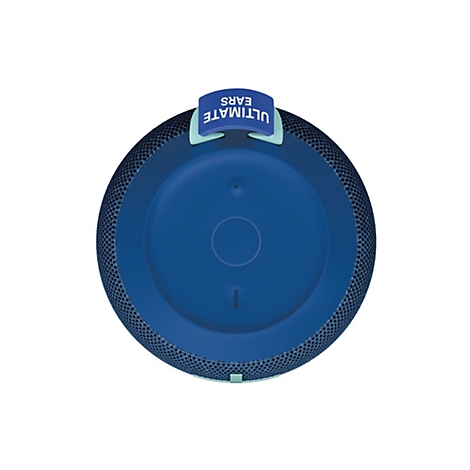 Blauer Lautsprecher, im Detail aus der Vogelperspektive. Oben steht der Schriftzug "ULTIMATE EARS".