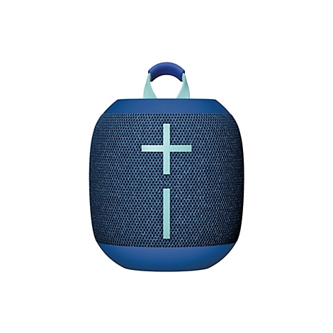 Haut-parleur portable bleu et noir avec poignée de transport. Un grand signe plus turquoise orne le centre.