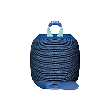 Haut-parleur Bluetooth bleu de forme ovale. Sur le dessus se trouve une poignée de transport avec l'inscription "ULTIMATE EARS".