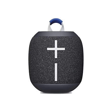 Haut-parleur sombre, croix et ligne blanches. Avec une poignée bleue. Sur fond blanc.