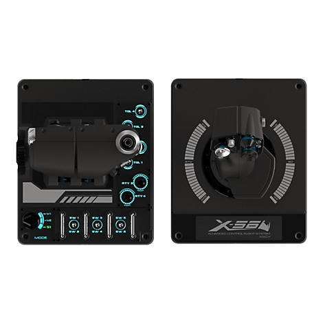 Zwei schwarzgraue Controller für ein Flugzeugcockpit. Der linke Controller hat Knöpfe, Schalter und einen Modusregler. Der rechte Controller hat ein Steuerhorn und einen Kompass.