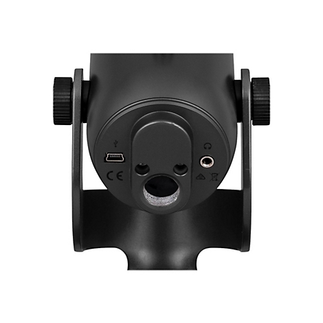 Nahaufnahme eines schwarzen Mikrofons. Rückseite mit Anschlüssen, USB und Klinke.