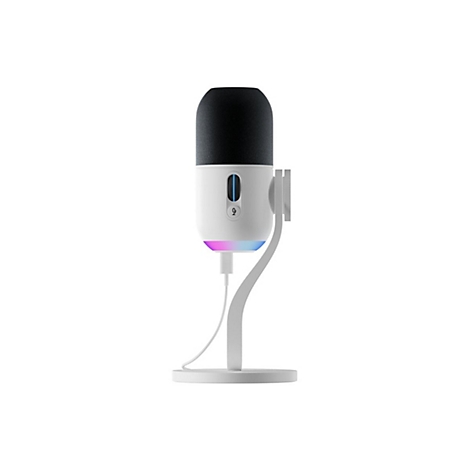 Un microphone blanc avec une tête noire, des LED colorées et un support blanc, sur fond blanc.
