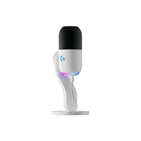 Microphone blanc avec une tête noire, lettrage du logo bleu. Le support a un anneau LED coloré.
