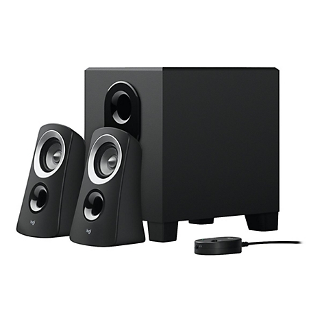 Schwarzes Lautsprechersystem, bestehend aus zwei Satellitenlautsprechern, einem Subwoofer und einer Steuerung.