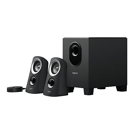 Schwarzes Logitech-Lautsprecherset, bestehend aus zwei Satelliten, einem Subwoofer und einer Steuerung.