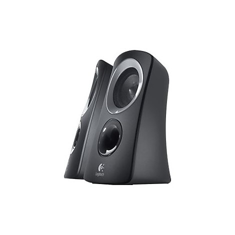 Zwei schwarze Logitech-Lautsprecher vor weißem Hintergrund. Runde Lautsprecheröffnungen, silberne Akzente. Logitech Logo.