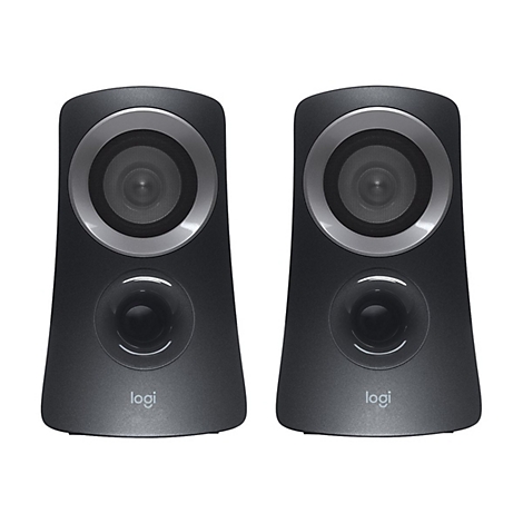 Zwei schwarze Logitech-Lautsprecher mit silbernen Rändern und dem Logitech-Logo unten.