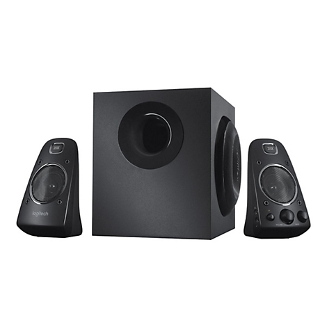 Schwarzes Logitech-Lautsprechersystem mit Subwoofer und zwei Satellitenlautsprechern, weißer Hintergrund.