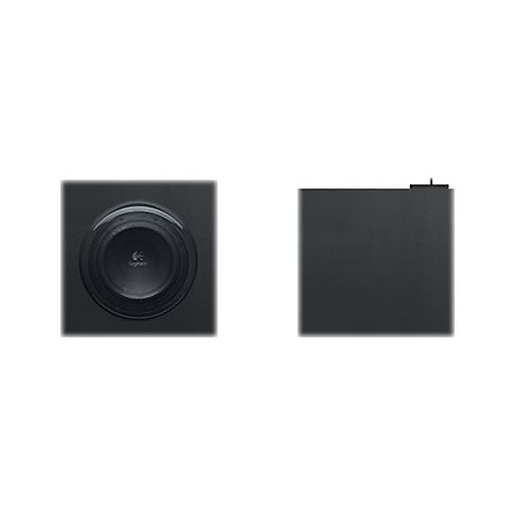 Schwarzer Logitech-Subwoofer, Vorder- und Seitenansicht, auf weißem Grund.