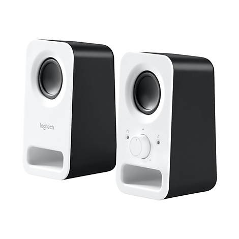Deux haut-parleurs noirs et blancs. Le haut-parleur gauche porte l'inscription "Logitech". Le haut-parleur droit est muni d'un bouton de volume.