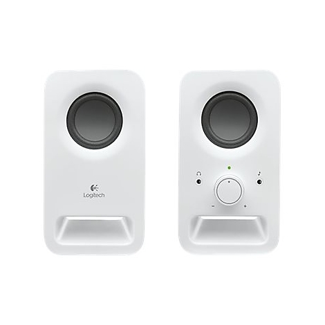 Deux haut-parleurs Logitech blancs sur fond blanc. Le haut-parleur droit est équipé d'une commande de volume.