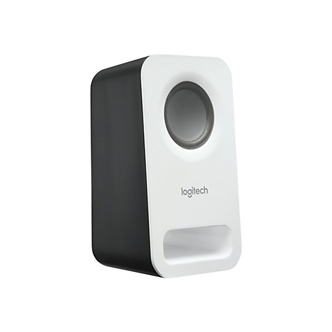 Un haut-parleur noir avec une façade blanche. L'ouverture ronde est entourée d'un anneau gris. Le mot 'logitech' est imprimé dessus.