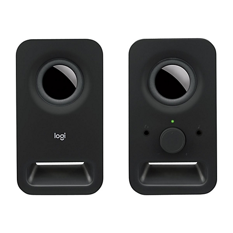 Zwei schwarze Logitech-Lautsprecher, einer mit Regler und Logo, der andere mit Lautsprecheröffnungen.