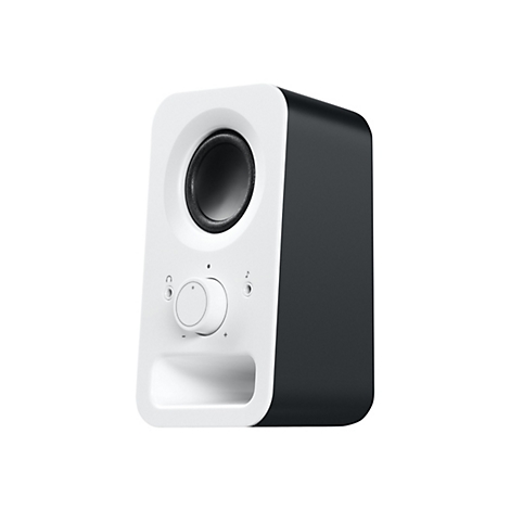 Nahaufnahme eines Lautsprechers. Weißer Rahmen, schwarze Rückseite. Schwarzer Lautsprecher. Großer Drehknopf und Symbole.