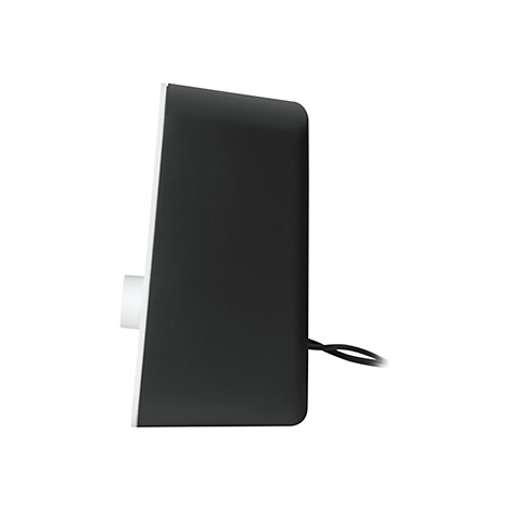 Schwarzer Lautsprecher, seitlich. Vorne ein weißer Drehregler, Kabel hinten. Weißer Rand.