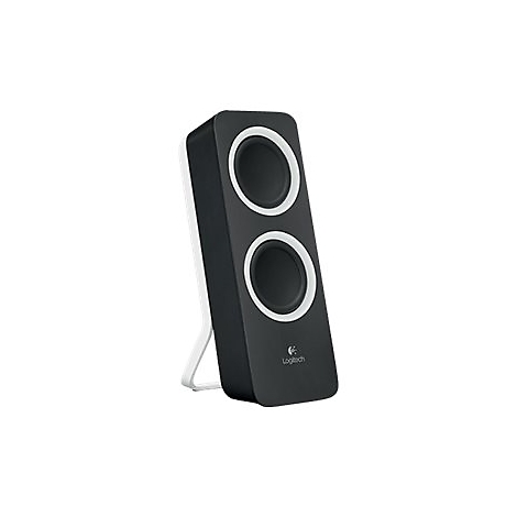 Schwarzer Lautsprecher mit zwei Lautsprechern und weißem Ring. Aufschrift Logitech unten.