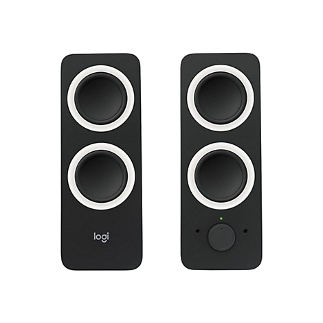 Zwei schwarze Logitech-Lautsprecher mit zwei kreisförmigen Speakern, umrandet mit weißem Licht.