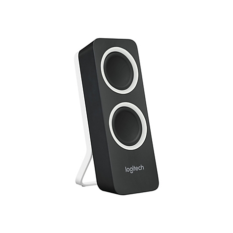 Schwarzer Lautsprecher mit weißem Rahmen. Zwei runde Lautsprecheröffnungen mit weißem Ring. Logitech-Logo unten.