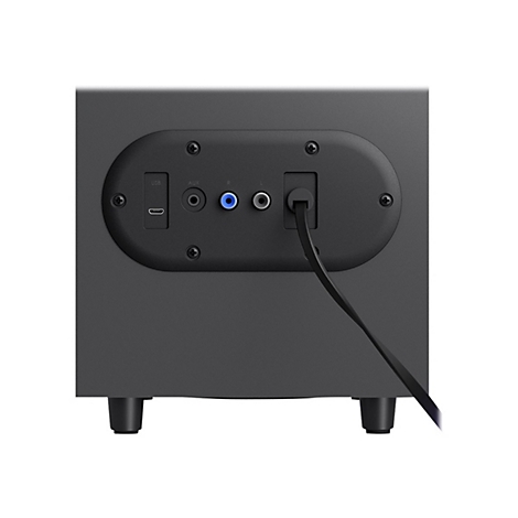 Rückseite eines schwarzen Lautsprechers mit Anschlüssen: USB, AUX, R, L. Ein Kabel hängt heraus.