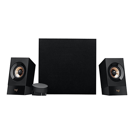 Schwarzes Logitech Lautsprecher-Set mit Subwoofer und Bedienelement.