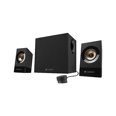 Système de haut-parleurs Logitech noir. Caisson de basses, deux enceintes satellites, unité de contrôle.