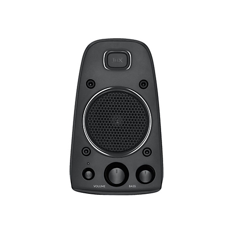 Haut-parleur noir avec commandes de volume, de basse et logo. Une grille de haut-parleur au centre avant.